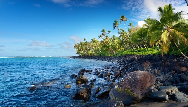 tropical coastline with palm forest and volcanic rocks rolas island africa