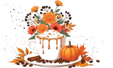 Cozy autumn coffee with pumpkin and flowers creating a warm seasonal atmosphere