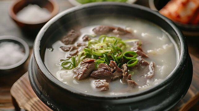 Close up of seolleongtang in a black pot with green onions and meat on a wooden surface with side dishes