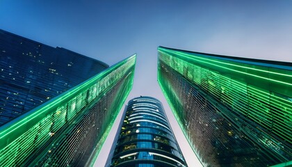 Fototapeta premium modern architectural towers connected by a green illuminated skybridge architecture building