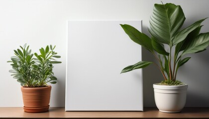 Obraz premium minimalist interior with blank canvas and potted plants on white background white canvas empty frame