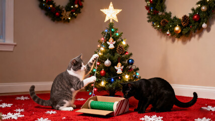 cat and christmas tree