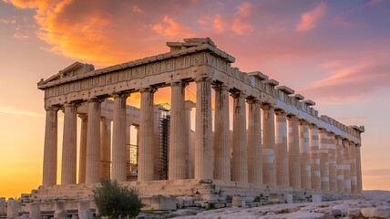 Obraz premium Restored Parthenon Temple at Sunset with Doric Columns and Scaffolding