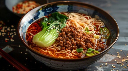 Close up of a bowl of dan dan noodles with bok choy and ground meat served in a patterned bowl