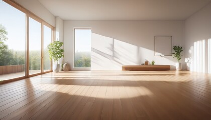 Fototapeta premium bright and airy interior space featuring wooden floor and large windows casting soft shadows on white walls creating serene atmosphere