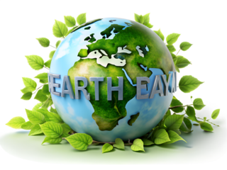 Earth day globe with green leaves and text isolated on transparent background