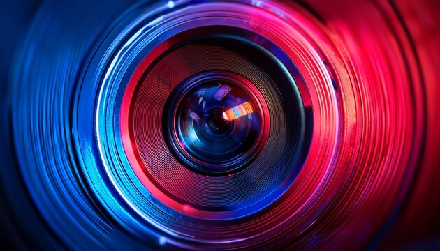 a close up of a camera lens with vibrant red and blue lights in a neon color scheme the atmosphere is futuristic and dynamic