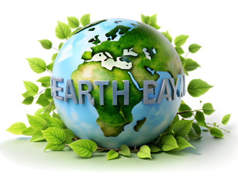 Earth day globe with green leaves and text isolated on transparent background