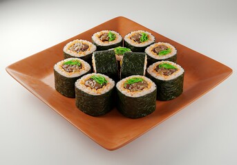 Delicious sushi rolls arranged on a square orange plate