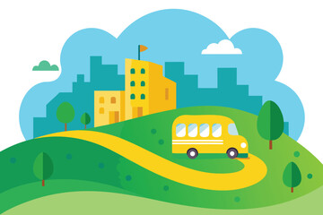 Fototapeta premium Cartoon Yellow School Bus Driving on a Road Towards a City Landscape Illustration