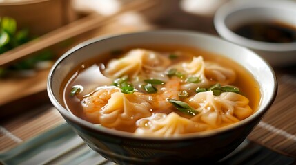 A bowl of wonton soup with shrimp and green onions on a woven mat with soy sauce nearby