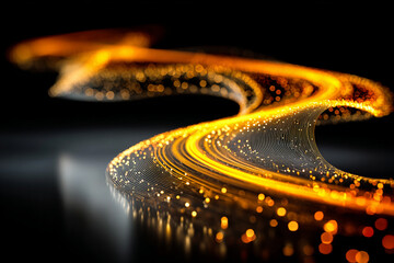 "Long Exposure Light Painting with Curvy Neon Metallic Yellow Gold Lines on Black Background"