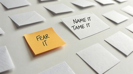 Sticky note with text Fear It and Name It Tame It on desk