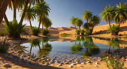 Desert oasis with clear blue water, palm trees, and sand dunes under a bright sunny sky pond pool