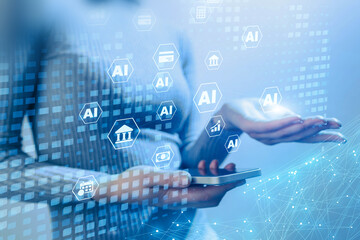 A woman holding a cell phone with a blue background and a lot of icons AI