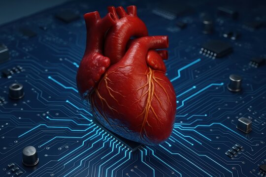 Heart of Technology: An artistic portrayal of a human heart resting on an intricate circuit board, this image symbolizes the powerful synergy between humanity and advanced technology. 