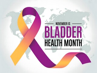 November is bladder health month awareness ribbon with a world map background promoting health and support
