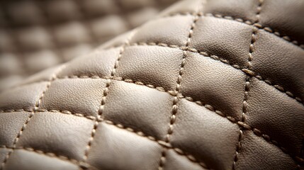 Obraz premium shot presents a softly lit, beige-toned leather surface, exhibiting a quilted pattern formed by stitched diamond shapes, emphasizing texture, detail, and the subtle interplay of light and shadow,...