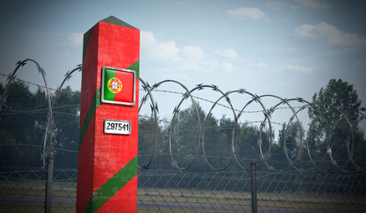 Border post with flag of Portugal - 3D illustration