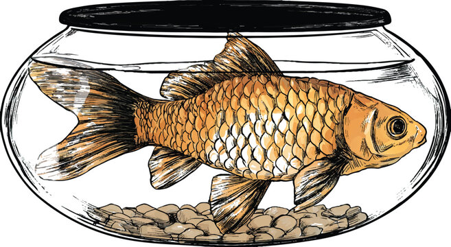 a cute carp is swimming in the fish bowl, a simple vector illustration with a white background, in a cartoon style with simple details