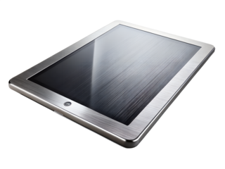 Modern tablet computer with a metallic frame and a reflective screen, isolated on transparent background