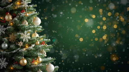 Elegant Christmas Tree with Gold and White Ornaments and Festive Green Bokeh Background