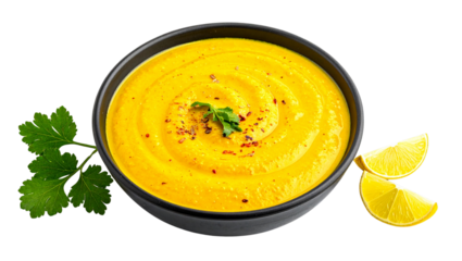 Bowl of yellow dal PNG on transparent background, perfect for menus, packaging, and Indian cuisine designs.