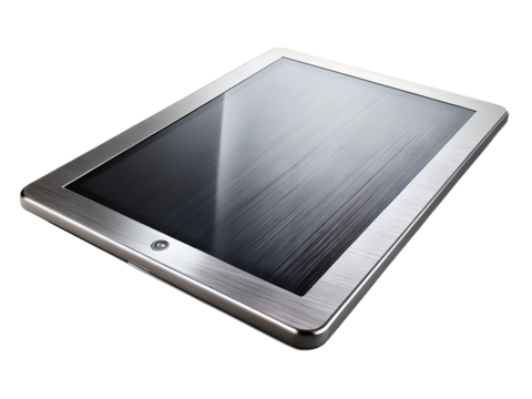 Modern tablet computer with a metallic frame and a reflective screen, isolated on transparent background
