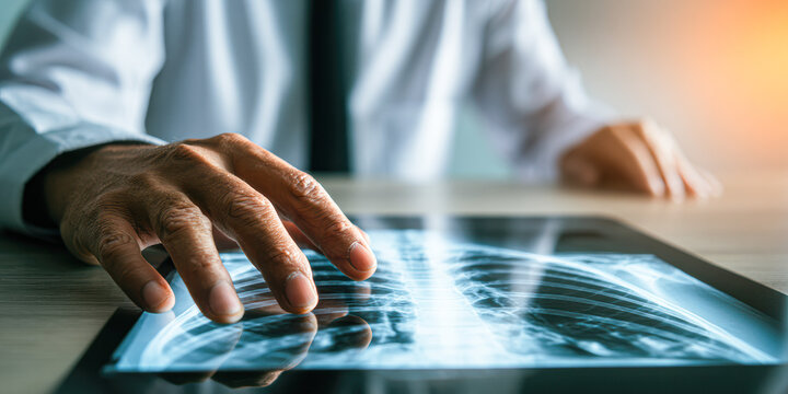 A medical professional examines an X-ray image on a digital tablet, highlighting the importance of technology in healthcare.