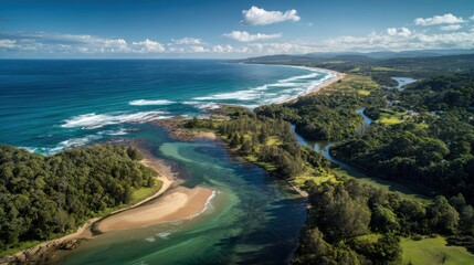 The scene captures a beautiful coastline with vibrant blue waters and sandy beaches. Lush greenery surrounds the area while rivers meander through the landscape under a bright sky.