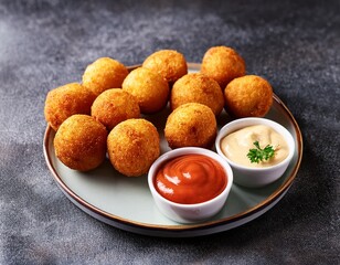 appetizing fried balls with two bowls of dip on textured surface appetizers snacks