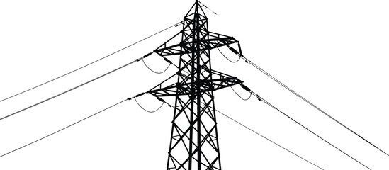 Flat vector electricity pylon, high voltage transmission tower, power line infrastructure, industrial energy grid, lattice structure design, electrical distribution symbol