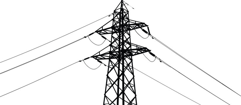 Flat vector electricity pylon, high voltage transmission tower, power line infrastructure, industrial energy grid, lattice structure design, electrical distribution symbol