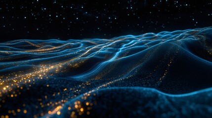 Moving abstract waves of blue light and golden particles on a dark background. Visualization of digital data flow or energy transfer for technology concept.