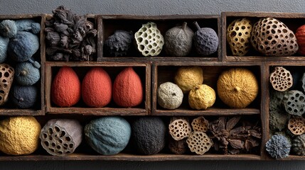 Artfully arranged natural seed pods and dried botanicals in rustic wooden display boxes offer unique textures and earthy tones for creative projects.
