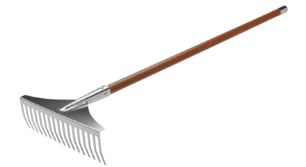 Metal leaf rake with wooden handle isolated PNG with Transparent Background