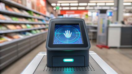 Omnichannel retail enhances customer experience. Self-checkout kiosk with a digital display in a modern grocery store setting.