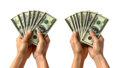 Money Collection: Hands with Fanned Out US Currency Isolated on Transparent Background