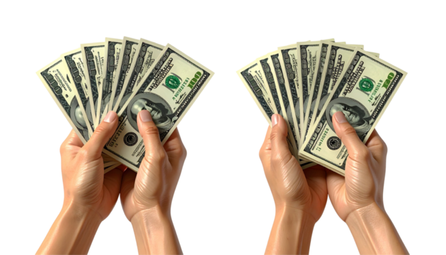 Money Collection: Hands with Fanned Out US Currency Isolated on Transparent Background