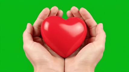 Hands cradling a vibrant red heart against a chroma key green background, symbolizing love, care, and well-being, perfect for conveying emotional connection