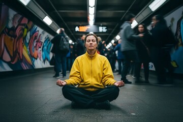 Woman meditating unperturbed amidst bustling urban subway station, street photography.