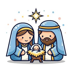 Fototapeta premium Cute cartoon nativity scene with Mary Joseph and baby Jesus under a star christmas