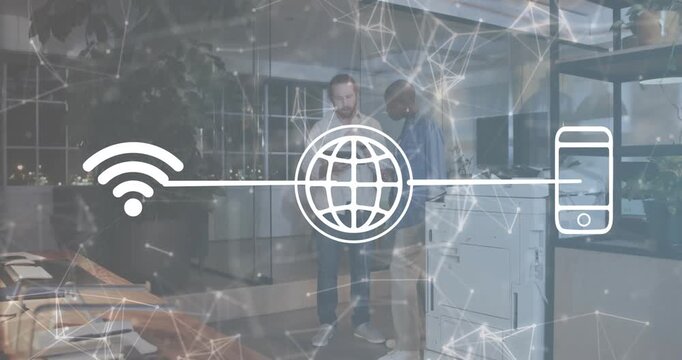 Colleagues testing office printer connectivity via overlay icons, tapping smartphone, printing page