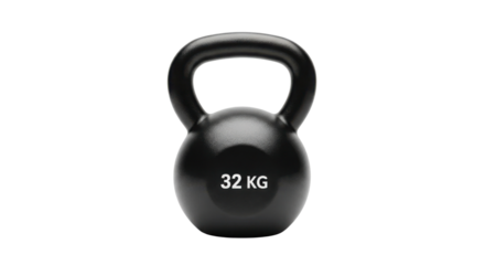 Black kettlebell with 32 kg weight for fitness training isolated PNG with Transparent Background