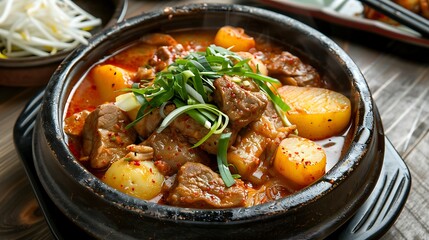 A close up of a bowl of gamjatang with potatoes and meat garnished with green onions on a wooden table