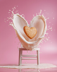 Heart-Shaped Cookie with Milk Splash on Pink Background