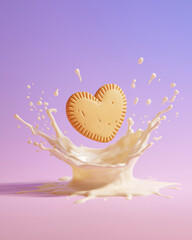 Heart-Shaped Cookie Splashing in Milk on Pastel Background