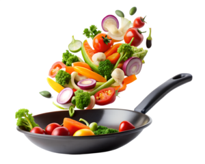 Fresh vegetables splashing into a frying pan, isolated on transparent background