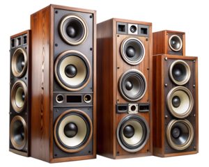 Collection of vintage wooden speaker boxes isolated on transparent background