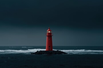 Fototapeta premium Solitary red lighthouse amidst dark sea and sky with waves
